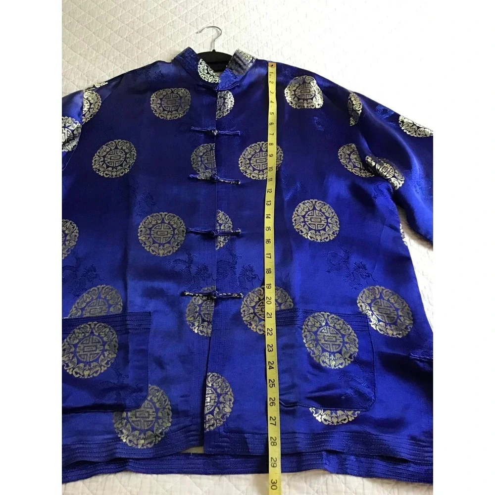 Mens Chinese Traditional Royal Blue Gold Silk Satin Tang‎ Suit Jacket Size XXL